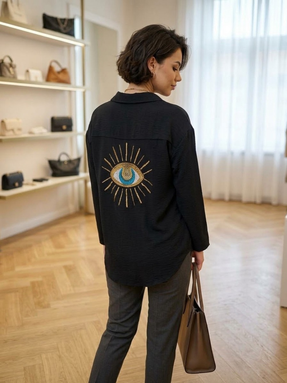 Women’s Black Button-Down Evil Eye Long Sleeve Shirt